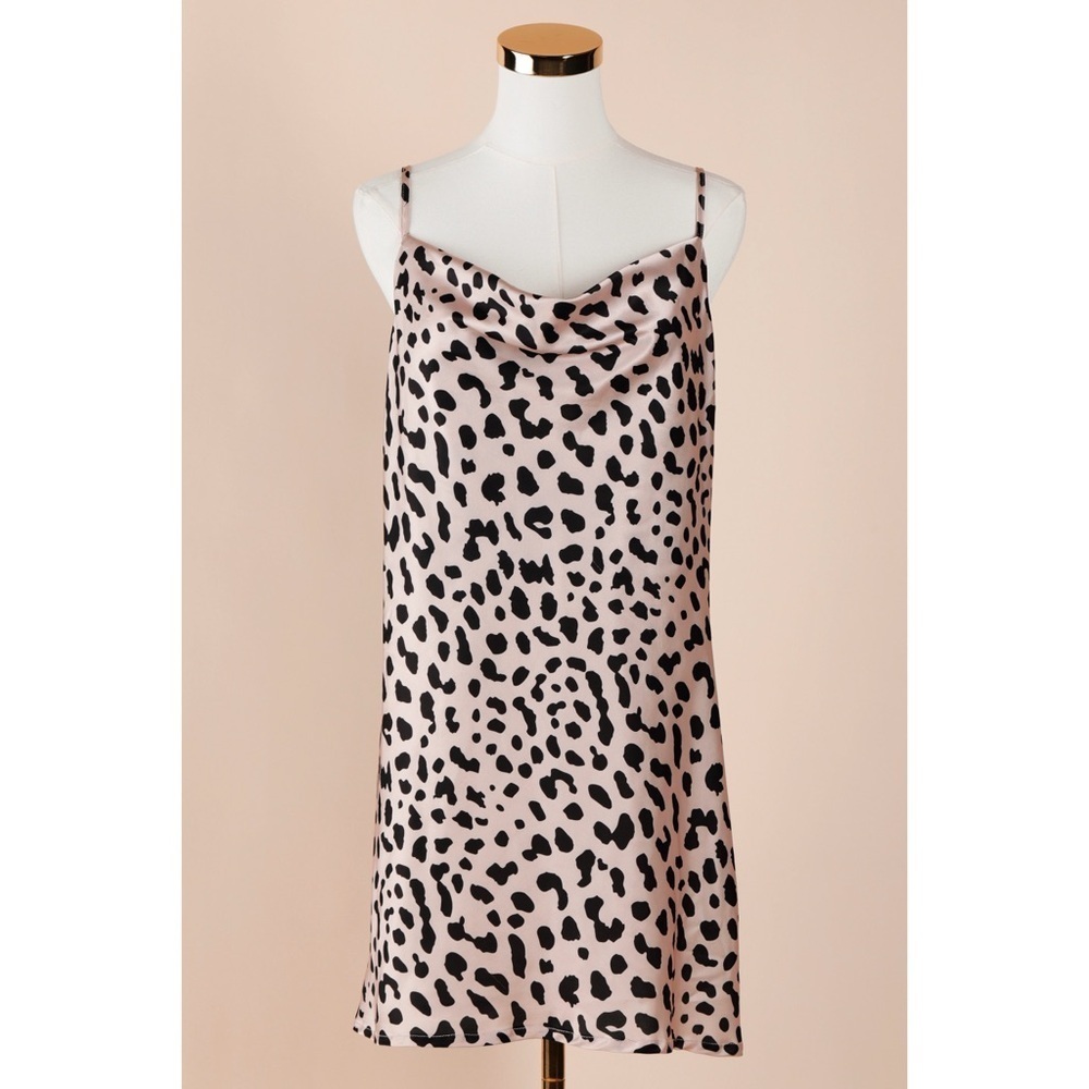 Sz US 10 XL Princess Polly Silky Leopard Cowl Neck Mini Evening Slip Dress